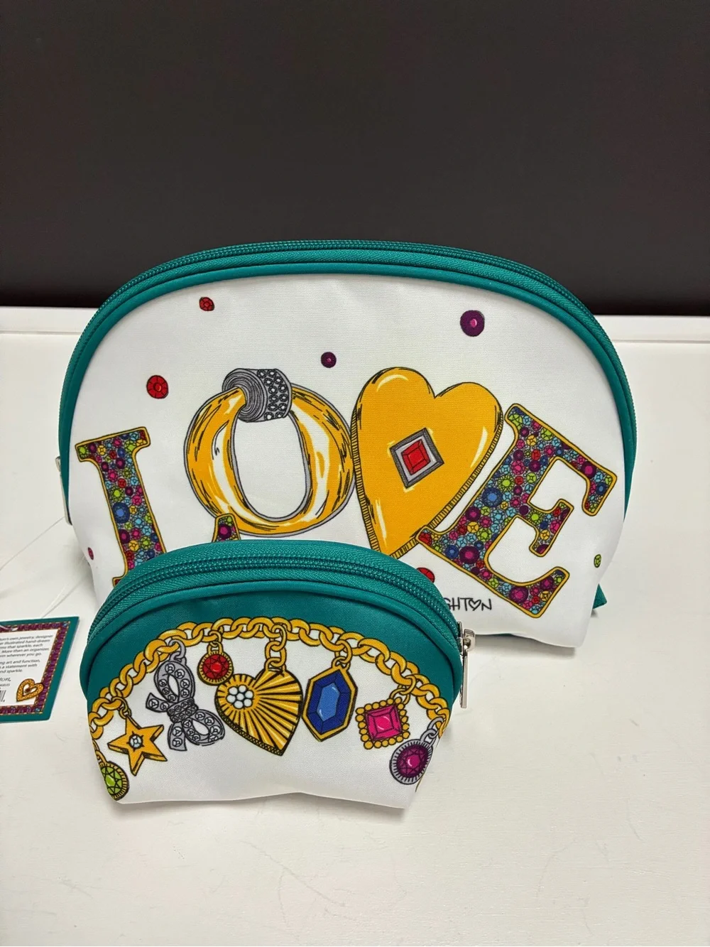 Brighton  WT White Teal Gem Heart Cosmetic Pouch Set